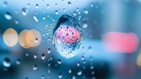 Water drops on glass with pink bokeh light creating magical macro photography effect, natural abstract background with shallow depth of field and blurred city lights.