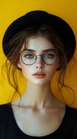 Portrait of young woman wearing round glasses and black hat against yellow background, with loose brown hair and natural makeup highlighting bright blue eyes.