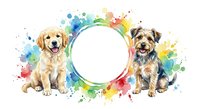 Golden retriever puppy and yorkshire terrier with colorful watercolor splashes around blank circular frame on white background for pet design.