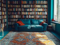 Cozy reading nook featuring teal velvet sofa against floor-to-ceiling bookshelves, vintage oriental rug in rust and blue tones, natural light from window creates warm atmosphere.