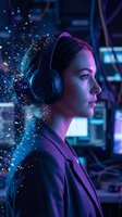 Young woman wearing headphones with digital particles and neon lighting effects in futuristic tech environment for gaming and music concepts.