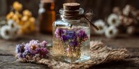 Small glass bottle with dried purple flowers on rustic wooden surface, surrounded by natural elements and soft bokeh background.