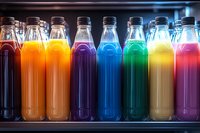 Colorful array of bottled beverages in rainbow order displayed on dark shelf with dramatic backlighting, showcasing vibrant drinks in transparent containers.
