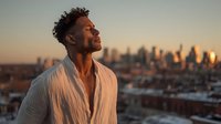 Young African American man in white shirt gazing at urban sunset skyline from rooftop, warm golden hour lighting creates peaceful, contemplative mood for lifestyle content.