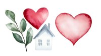Watercolor composition of green eucalyptus branch, red heart, blue house, and pink heart symbolizing love, home, and nature for greeting cards and decor.