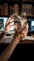 Hands holding glowing digital network mesh with interconnected lines, representing data connection, artificial intelligence, and technology innovation in modern office environment.