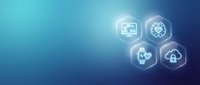 Modern technology hexagonal icons on blue gradient background featuring cloud computing, network connectivity, data analytics and digital solutions for business presentations.
