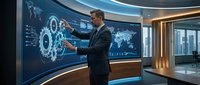 Professional businessman in suit presenting global data analytics on futuristic curved display screen in modern corporate boardroom office environment.