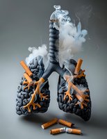 Conceptual medical illustration showing human lungs and trachea made of dark material with cigarette butts piercing through, depicting the harmful effects of smoking on respiratory health.