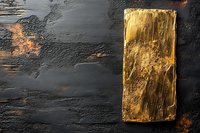 Golden metallic rectangle on dark textured concrete background with rustic copper accents. Minimalist industrial design composition for luxury branding and decor.