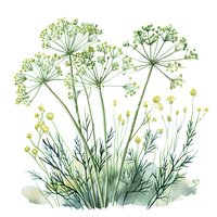 Watercolor botanical illustration of wild herbs and umbrella flowers in green tones isolated on white background for natural design projects.