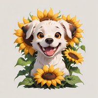 Happy white puppy with brown patches surrounded by bright yellow sunflowers and green leaves, smiling with tongue out on light background. Cheerful cartoon style.
