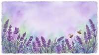 Watercolor lavender field border with purple flowers and bees on textured paper background for wedding invitations and romantic designs.