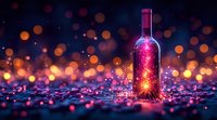 Wine bottle glowing with magical pink light against dark background with bokeh effects and sparkles, creating romantic atmospheric composition.