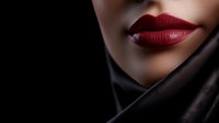 Close-up of woman's red glossy lips and lower face partially covered with black silk fabric against dark background for beauty and fashion concepts.