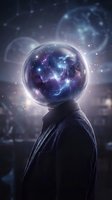 Surreal portrait of person with cosmic galaxy sphere head showing nebula stars and space dust against dreamy starry background for creative projects.