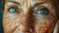 Close up portrait of mature woman with bright turquoise eyes and natural freckles on tanned skin showing aging and wisdom in dramatic lighting.