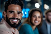 Middle Eastern man with beard smiling confidently at camera, wearing beige jacket, with young woman blurred in background. Nightlife setting with bokeh lights.