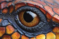 Reptile eye with golden iris and black pupil, featuring detailed scaled skin texture in orange, yellow, and dark tones. Suitable for wildlife photography, nature documentaries, educational materials, and zoological publications.