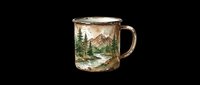 Vintage camping mug with mountain landscape and forest scene, isolated on transparent background. Ready for t-shirt designs, mugs, stickers, and print-on-demand products.