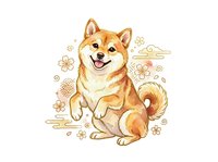 Cheerful Shiba Inu dog with warm orange and cream coat sitting with tongue out, surrounded by decorative floral and geometric elements on isolated white background, ready for apparel and design projects.