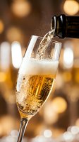 Champagne pouring into flute glass with sparkling bubbles and golden bokeh background, perfect for celebration, toast, and festive event photography.