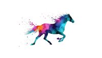Colorful watercolor horse silhouette in motion with vibrant paint splashes and artistic texture effects on white background for creative projects.