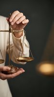 Professional lawyer holding golden scales of justice representing legal balance and fairness in courtroom setting with warm lighting atmosphere.