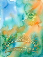Watercolor gradient background in blue, green, and orange tones with ornate gold decorative banner and swallows, suitable for invitations, greeting cards, and design projects.