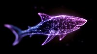 Glowing digital shark silhouette with connected dots and lines forming constellation effect in purple and blue neon colors against dark background, modern tech concept.