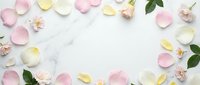 Delicate rose petals and flowers arranged in circular frame on white marble background with copy space for romantic wedding or spa design projects.