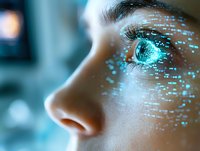 Close-up profile of woman's eye with digital technology concept overlay showing glowing turquoise scan points and data visualization effects in futuristic style.