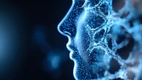 Glowing blue profile of digital human face dissolving into particles, representing artificial intelligence and consciousness transformation in technology.