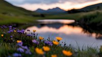 Tranquil mountain lake at sunset with colorful wildflowers blooming along shoreline. Rolling hills and peaks reflect in calm water creating peaceful landscape.