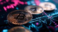 Golden cryptocurrency coins on digital trading chart background with neon pink and blue market data visualization showing price movements and trends.