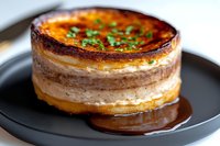 Layered dessert with caramelized sugar crust and fresh herbs garnish served on black plate, close up view showing texture and multiple creamy layers.
