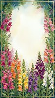 Watercolor snapdragon flower frame with colorful blooms in pink, purple, yellow and orange, gold border, copy space for text.