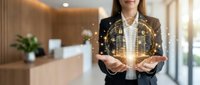 Professional businesswoman presenting digital smart home technology concept with glowing holographic house model and network connections in modern office.