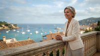 Elegant mature businesswoman in white blazer standing on Mediterranean terrace overlooking coastal bay with boats and historic architecture.
