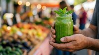 Fresh green smoothie in mason jar held by hands at farmers market with organic produce background for healthy lifestyle and nutrition concepts.