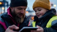 Bearded man and young child in winter clothing sharing heartwarming moment while looking at digital tablet screen outdoors during evening hours with bokeh lights.