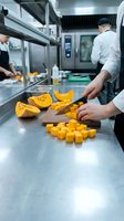 Professional chef preparing fresh butternut squash in modern commercial kitchen with stainless steel equipment and culinary team working in background.
