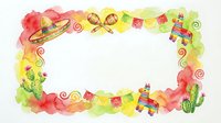 Watercolor Mexican fiesta frame with sombrero, pinata, maracas, cactus and papel picado banners creating festive border for Cinco de Mayo celebrations.