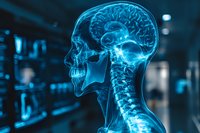 Glowing blue anatomical visualization of human skull and brain showing detailed neural structure against dark background with medical data interface elements.