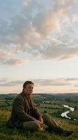 Middle-aged Caucasian man sitting on hillside overlooking rural valley landscape with winding river, wearing brown jacket, contemplative mood during golden hour sunset.