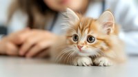 Adorable ginger kitten with big eyes and fluffy fur lying on white surface while owner watches, selective focus on cat face creating soft dreamy mood.