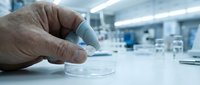 Scientist hand holding test tube with blue liquid in laboratory setting with equipment and blurred background.