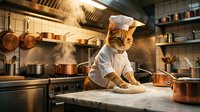Orange tabby cat chef in white uniform and hat kneading dough in professional restaurant kitchen with copper pots and steamy atmosphere for culinary concepts.