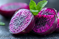 Fresh sliced purple dragon fruit with vibrant pink flesh and black seeds on dark background, garnished with mint leaves, macro food photography.