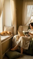 Young Asian woman reading book in cozy armchair by window with orange cat sleeping on cushion in warm sunlit room with flowing curtains.